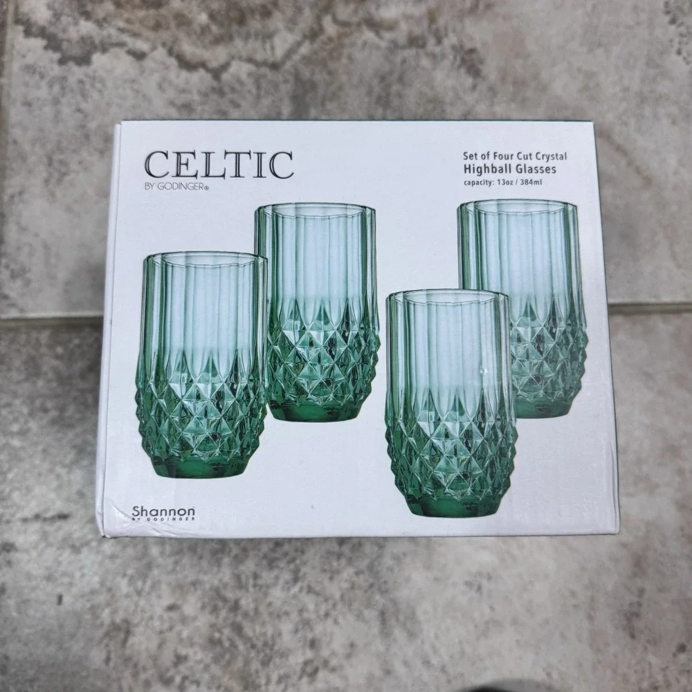 Celtic‎ By Godinger Crystal Iced Beverage Highball Glasses Green 13oz set of 4